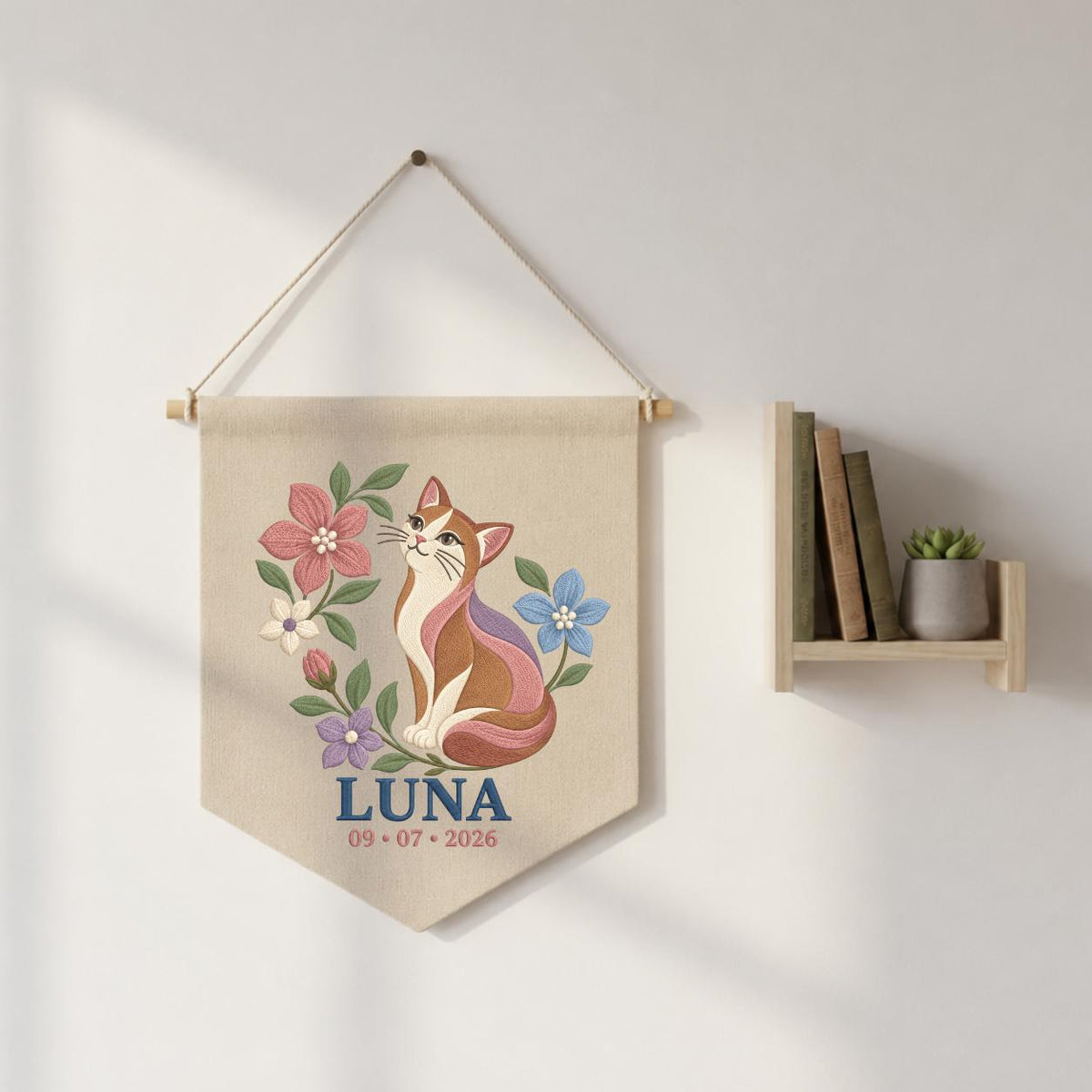 Personalized Cat Canvas Pennant Banner, Custom Name Luna Embroidered Floral Kitten Baby Girl Nursery Wall Sign Decor