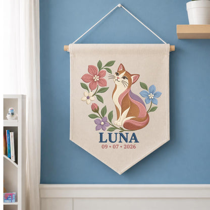 Personalized Cat Canvas Pennant Banner, Custom Name Luna Embroidered Floral Kitten Baby Girl Nursery Wall Sign Decor
