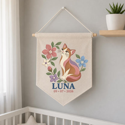 Personalized Cat Canvas Pennant Banner, Custom Name Luna Embroidered Floral Kitten Baby Girl Nursery Wall Sign Decor