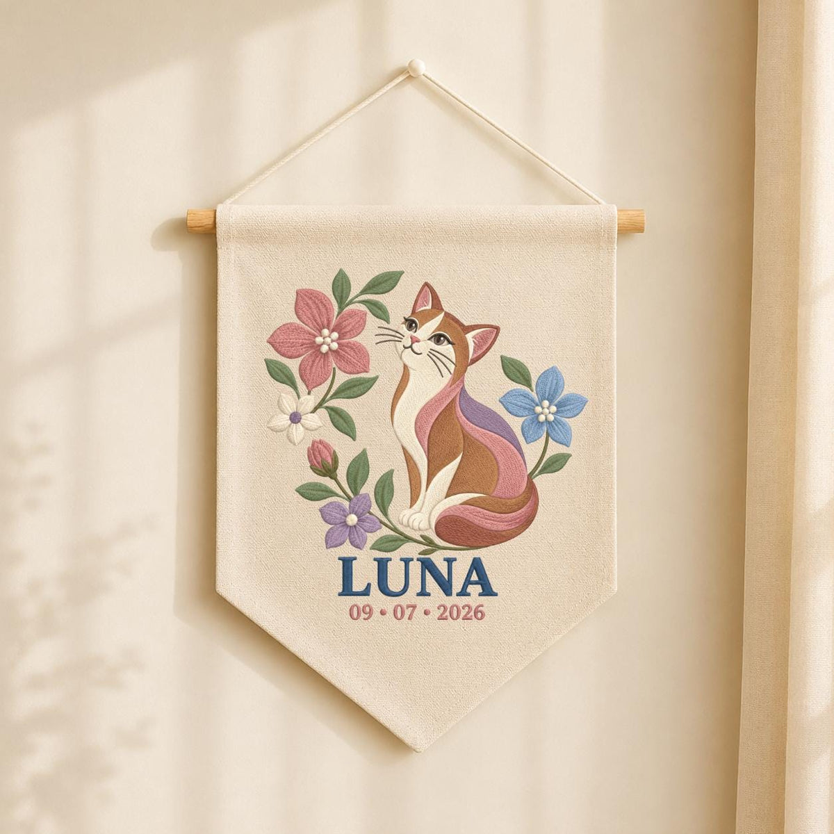 Personalized Cat Canvas Pennant Banner, Custom Name Luna Embroidered Floral Kitten Baby Girl Nursery Wall Sign Decor