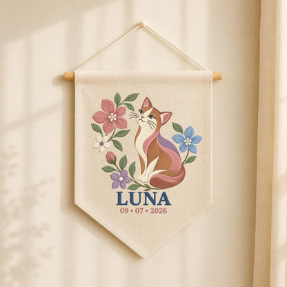 Personalized Cat Canvas Pennant Banner, Custom Name Luna Embroidered Floral Kitten Baby Girl Nursery Wall Sign Decor