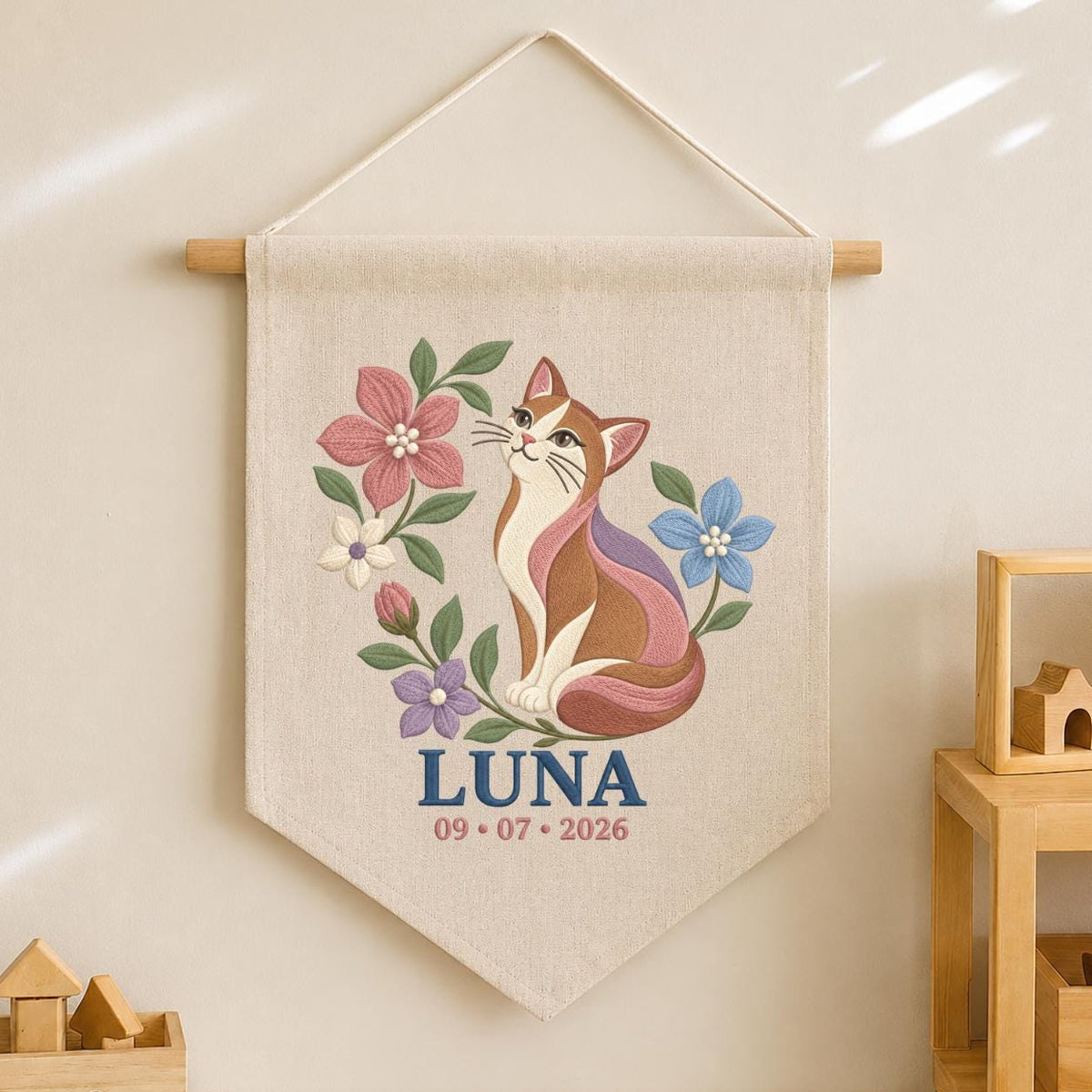 Personalized Cat Canvas Pennant Banner, Custom Name Luna Embroidered Floral Kitten Baby Girl Nursery Wall Sign Decor