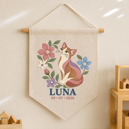 Personalized Cat Canvas Pennant Banner, Custom Name Luna Embroidered Floral Kitten Baby Girl Nursery Wall Sign Decor