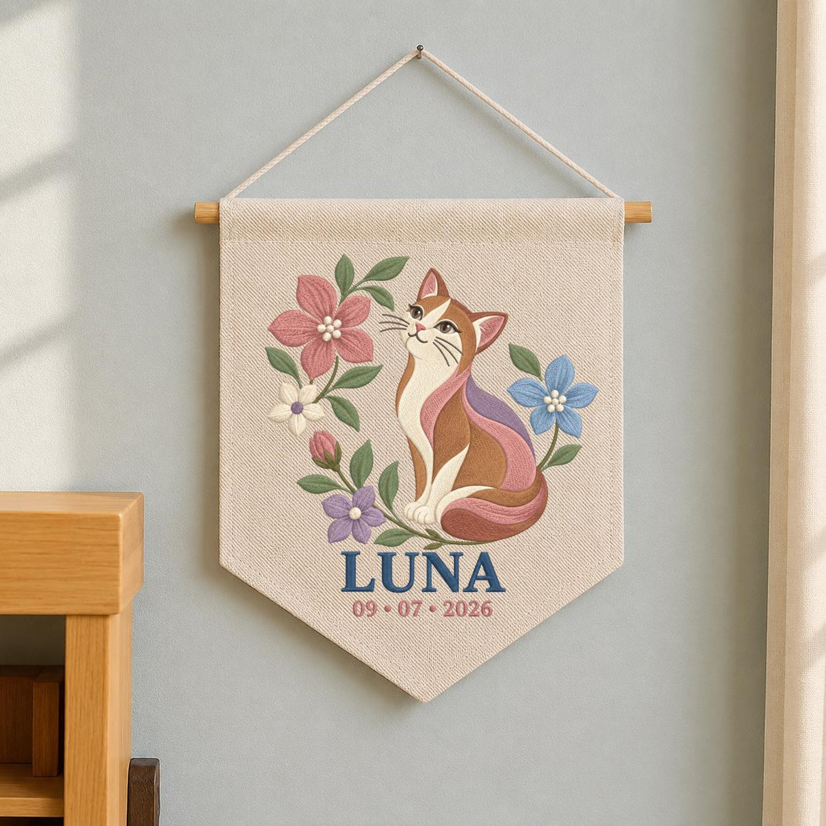 Personalized Cat Canvas Pennant Banner, Custom Name Luna Embroidered Floral Kitten Baby Girl Nursery Wall Sign Decor
