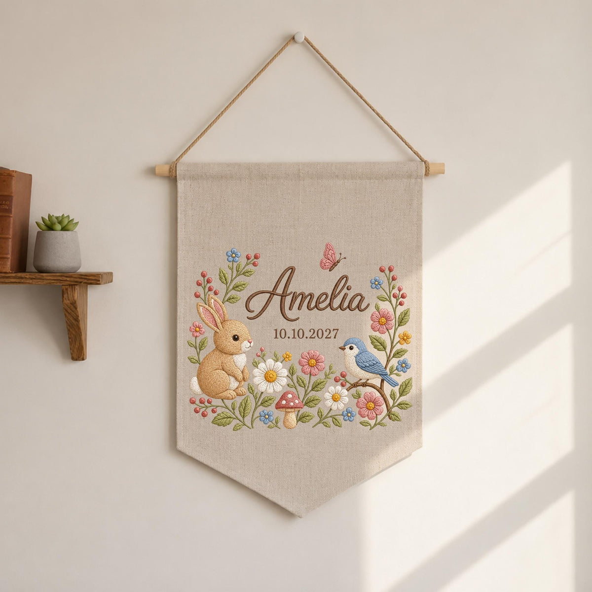 Personalized Bunny Baby Name Banner, Embroidered Wildflower Nursery Wall Decor, Woodland Baby Girl Name Sign, Custom Birth Gift