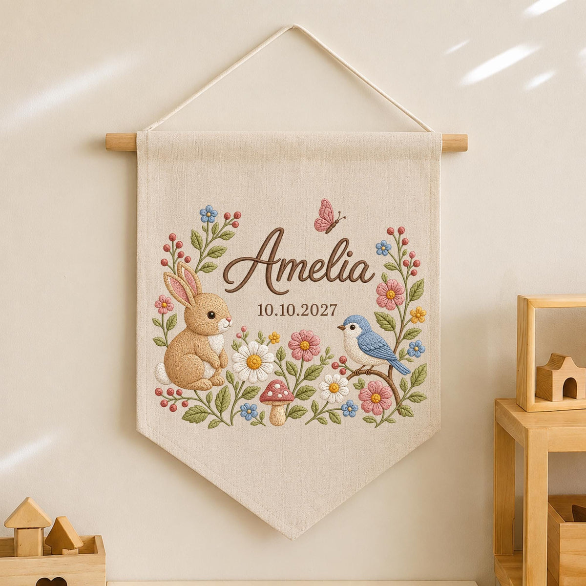 Personalized Bunny Baby Name Banner, Embroidered Wildflower Nursery Wall Decor, Woodland Baby Girl Name Sign, Custom Birth Gift