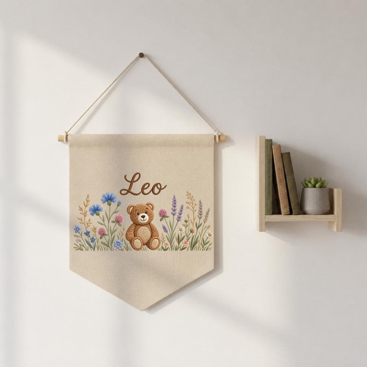 Personalized Teddy Bear Baby Name Banner, Embroidered Wildflower Nursery Wall Decor, Custom Baby Boy Name Sign, Baby Shower Gift