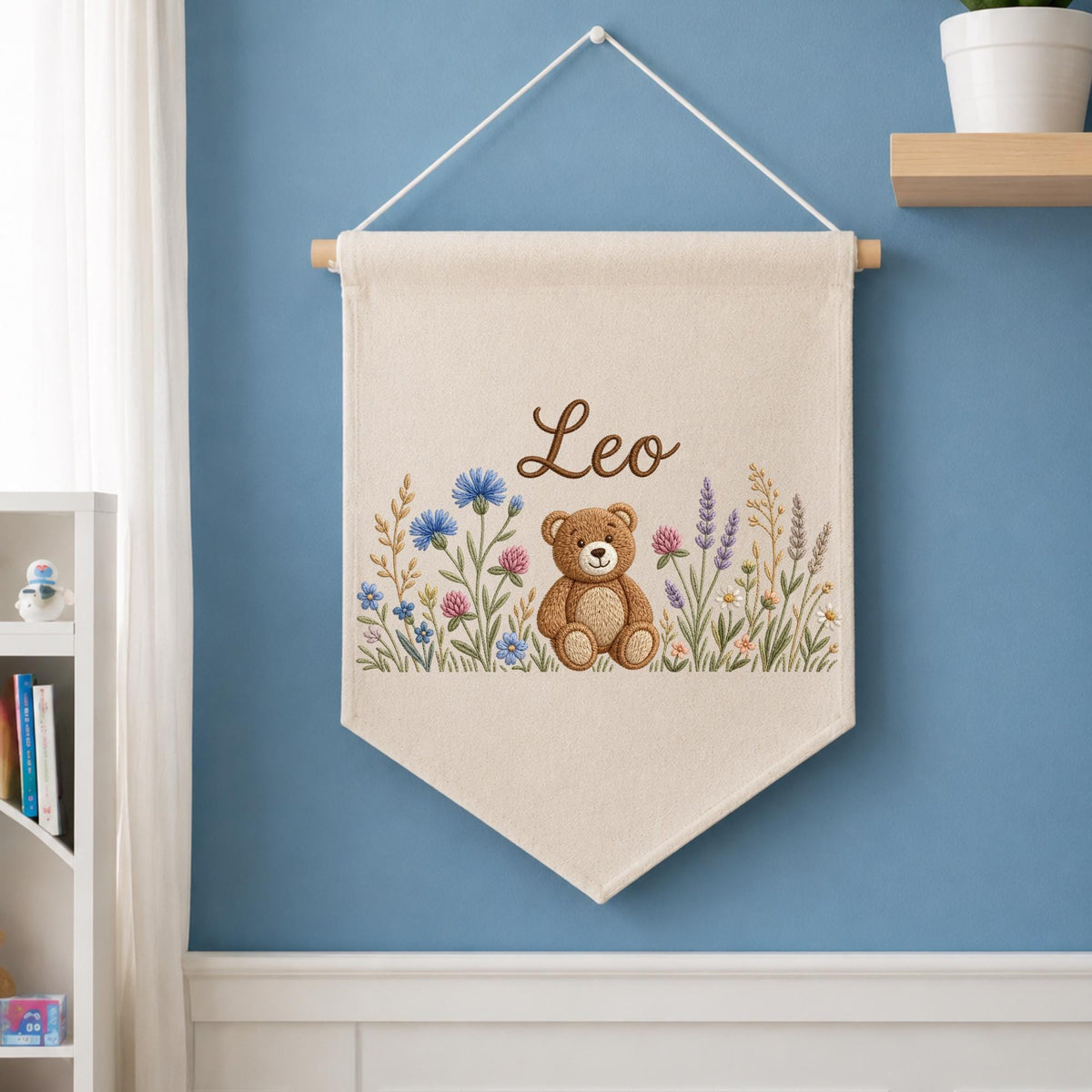 Personalized Teddy Bear Baby Name Banner, Embroidered Wildflower Nursery Wall Decor, Custom Baby Boy Name Sign, Baby Shower Gift