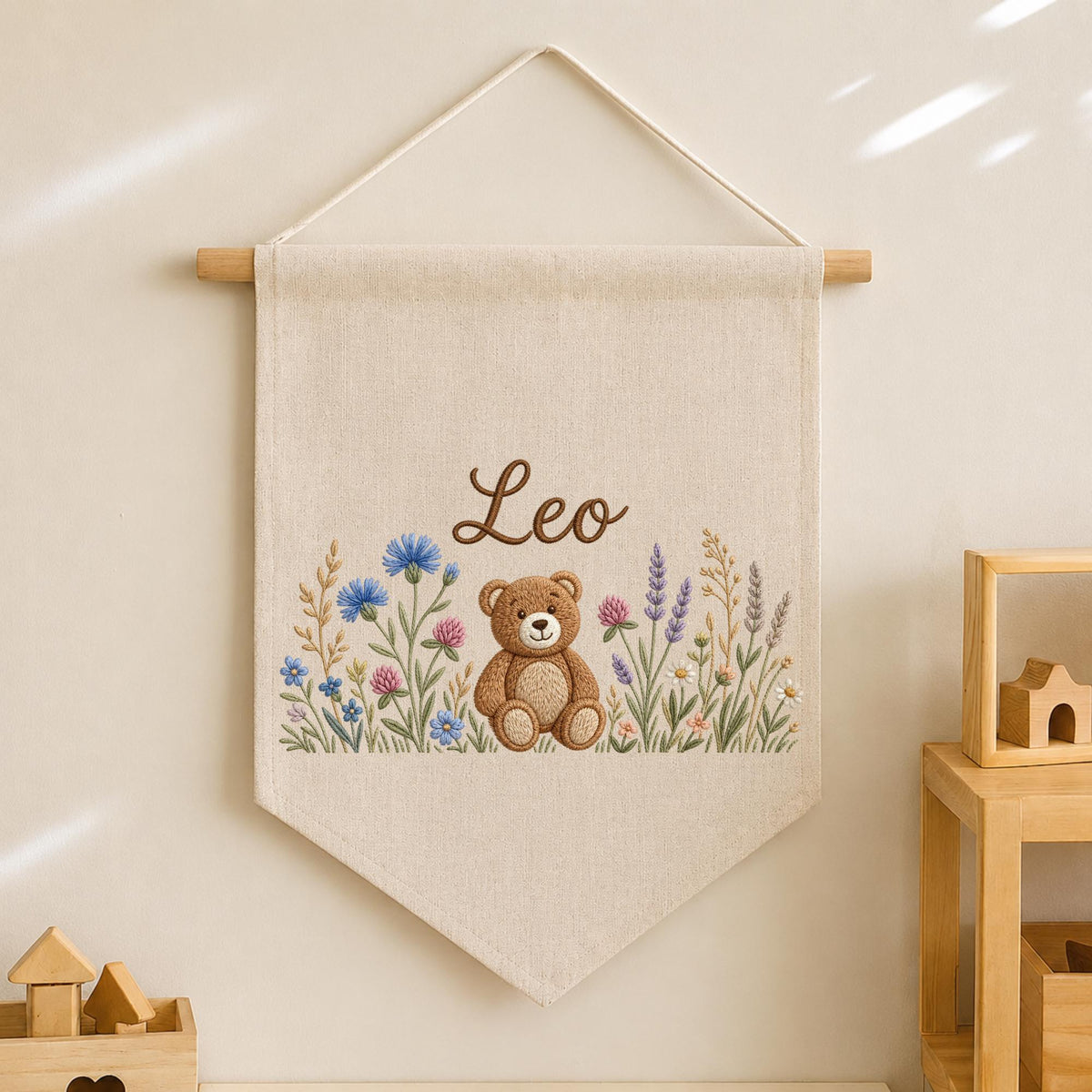Personalized Teddy Bear Baby Name Banner, Embroidered Wildflower Nursery Wall Decor, Custom Baby Boy Name Sign, Baby Shower Gift