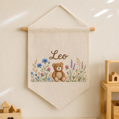 Personalized Teddy Bear Baby Name Banner, Embroidered Wildflower Nursery Wall Decor, Custom Baby Boy Name Sign, Baby Shower Gift