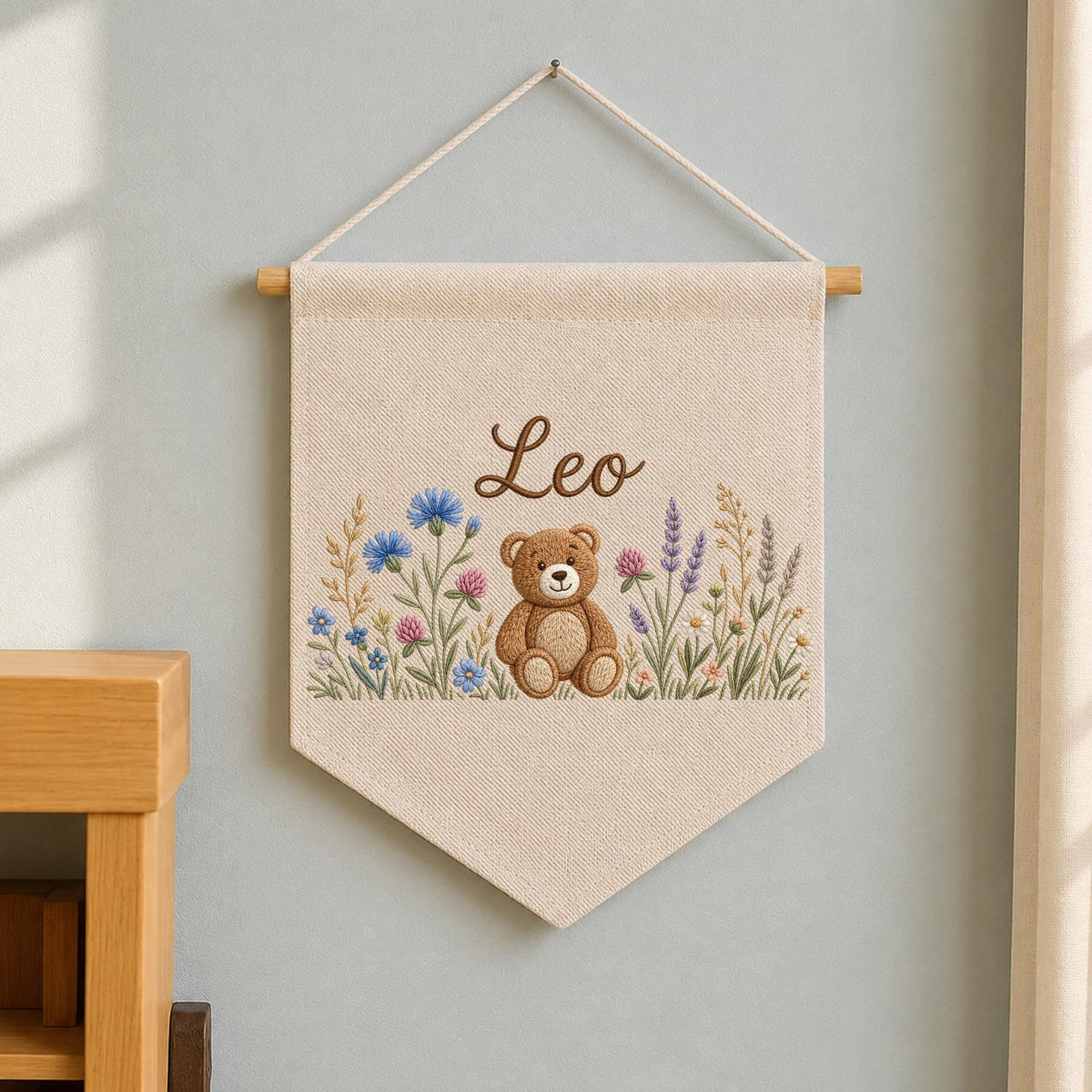Personalized Teddy Bear Baby Name Banner, Embroidered Wildflower Nursery Wall Decor, Custom Baby Boy Name Sign, Baby Shower Gift