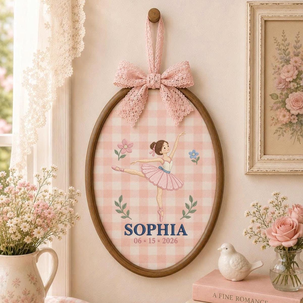 Personalized Ballerina Round Hoop Art, Custom Name Sophia Embroidered Ballet Dancer Gingham Baby Girl Nursery Wall Sign Decor