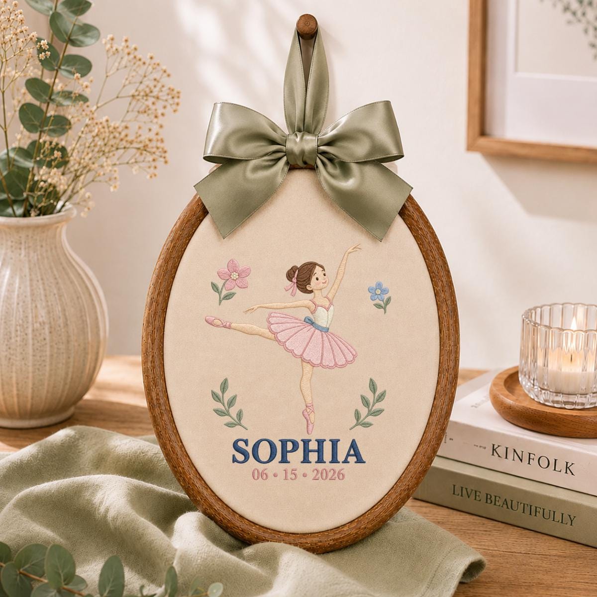 Personalized Ballerina Round Hoop Art, Custom Name Sophia Embroidered Ballet Dancer Gingham Baby Girl Nursery Wall Sign Decor