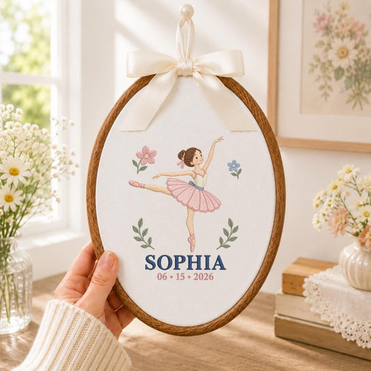 Personalized Ballerina Round Hoop Art, Custom Name Sophia Embroidered Ballet Dancer Gingham Baby Girl Nursery Wall Sign Decor