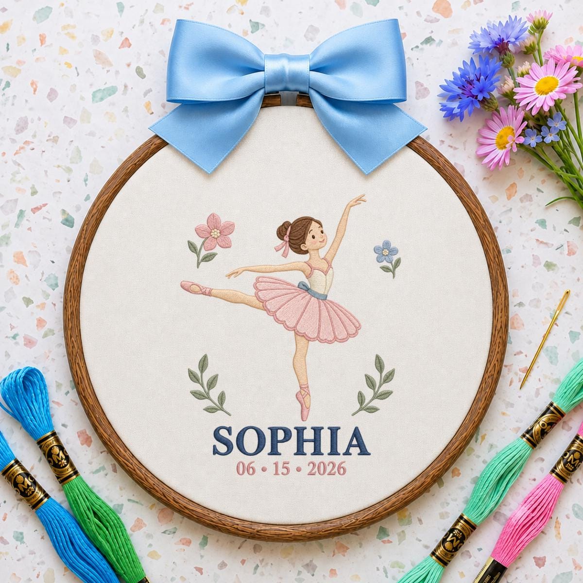 Personalized Ballerina Round Hoop Art, Custom Name Sophia Embroidered Ballet Dancer Gingham Baby Girl Nursery Wall Sign Decor