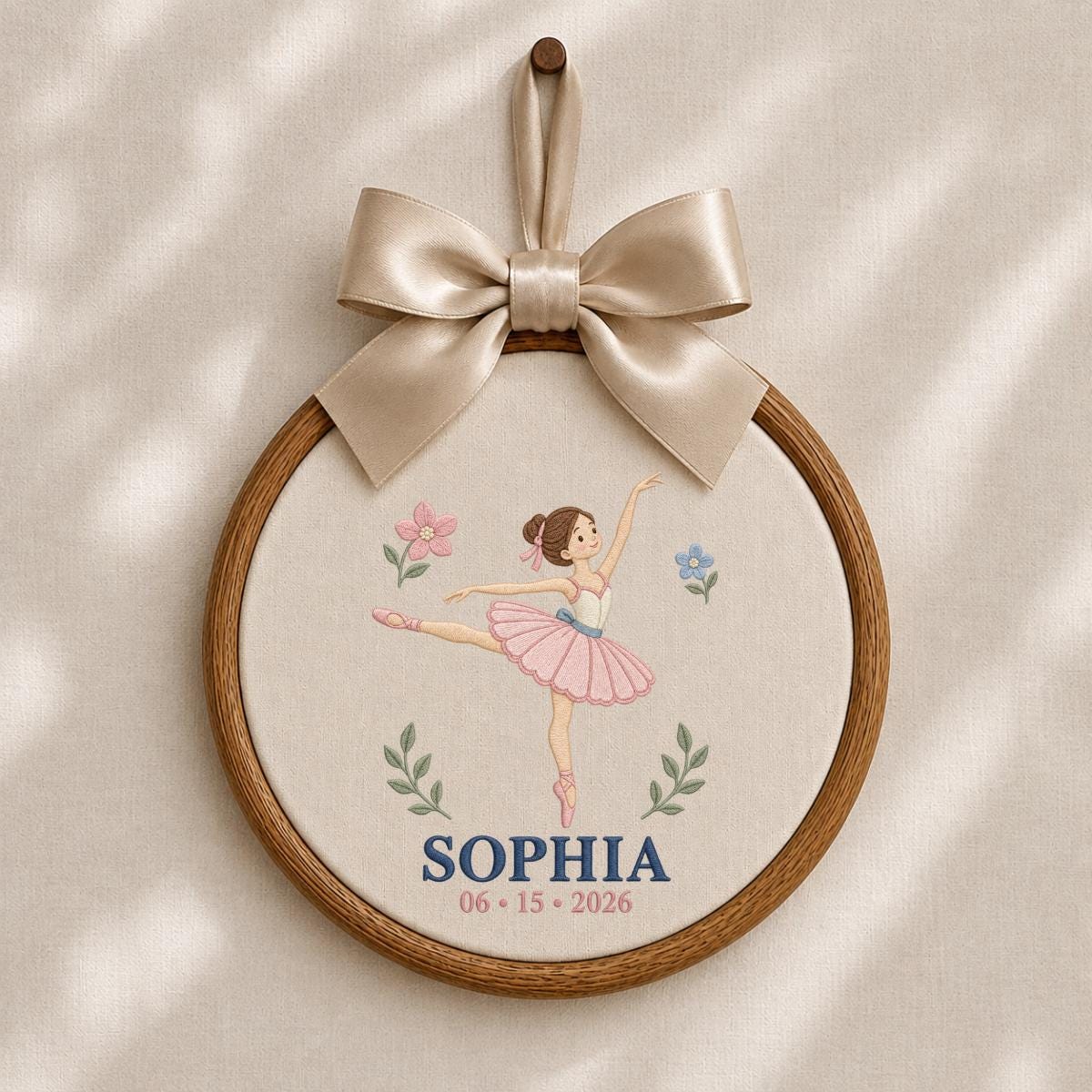 Personalized Ballerina Round Hoop Art, Custom Name Sophia Embroidered Ballet Dancer Gingham Baby Girl Nursery Wall Sign Decor