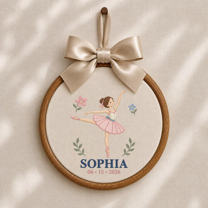 Personalized Ballerina Round Hoop Art, Custom Name Sophia Embroidered Ballet Dancer Gingham Baby Girl Nursery Wall Sign Decor