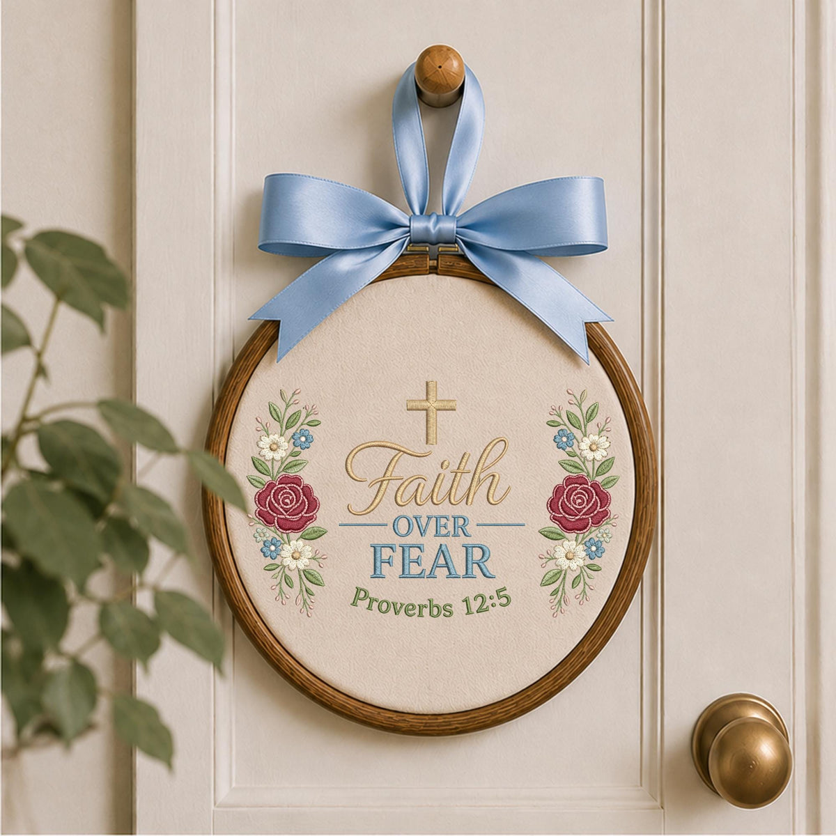 Personalized Christian Faith Embroidered Ornament, Faith Over Fear Bible Verse Decor, Floral Cross Religious Gift, Christian Keepsake