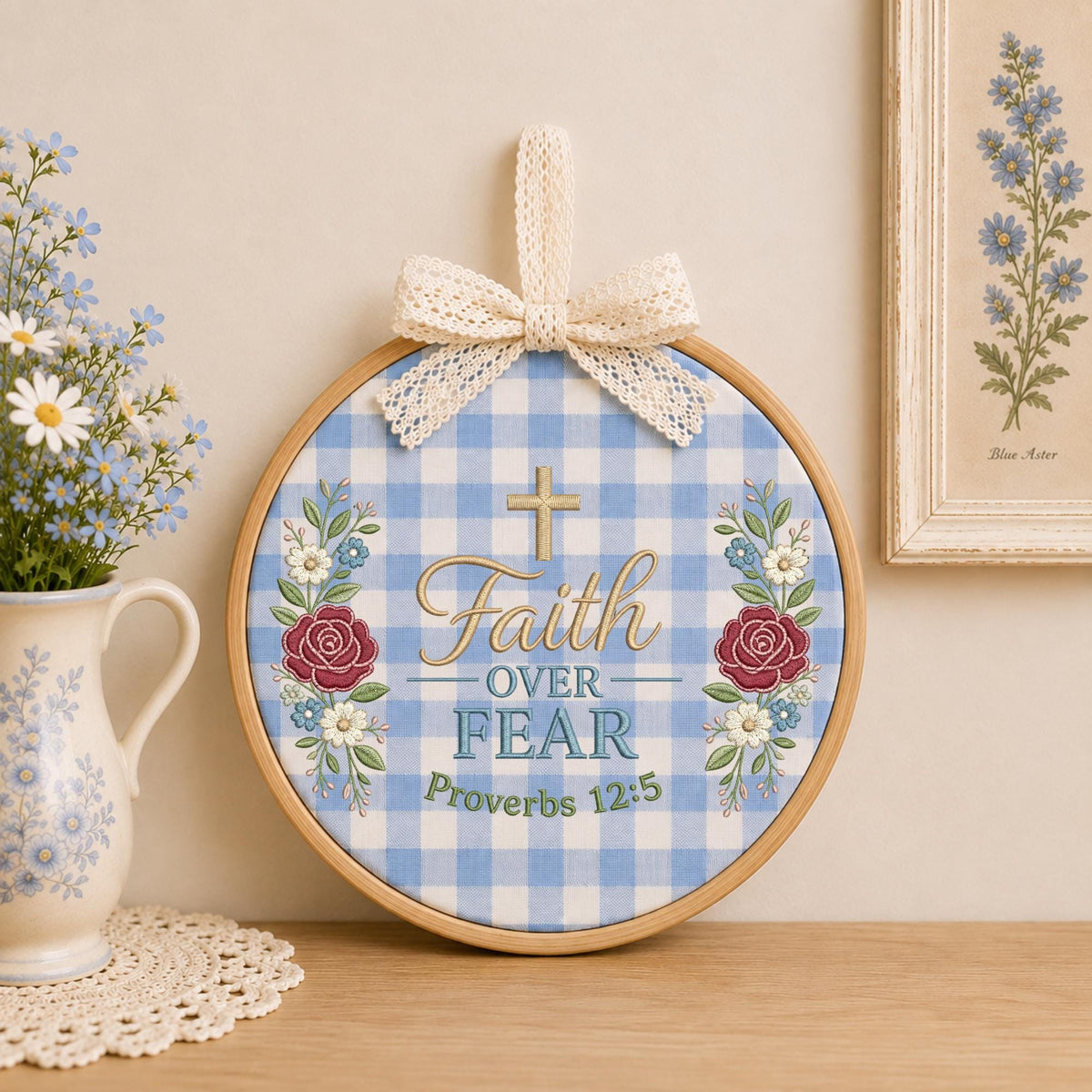 Personalized Christian Faith Embroidered Ornament, Faith Over Fear Bible Verse Decor, Floral Cross Religious Gift, Christian Keepsake