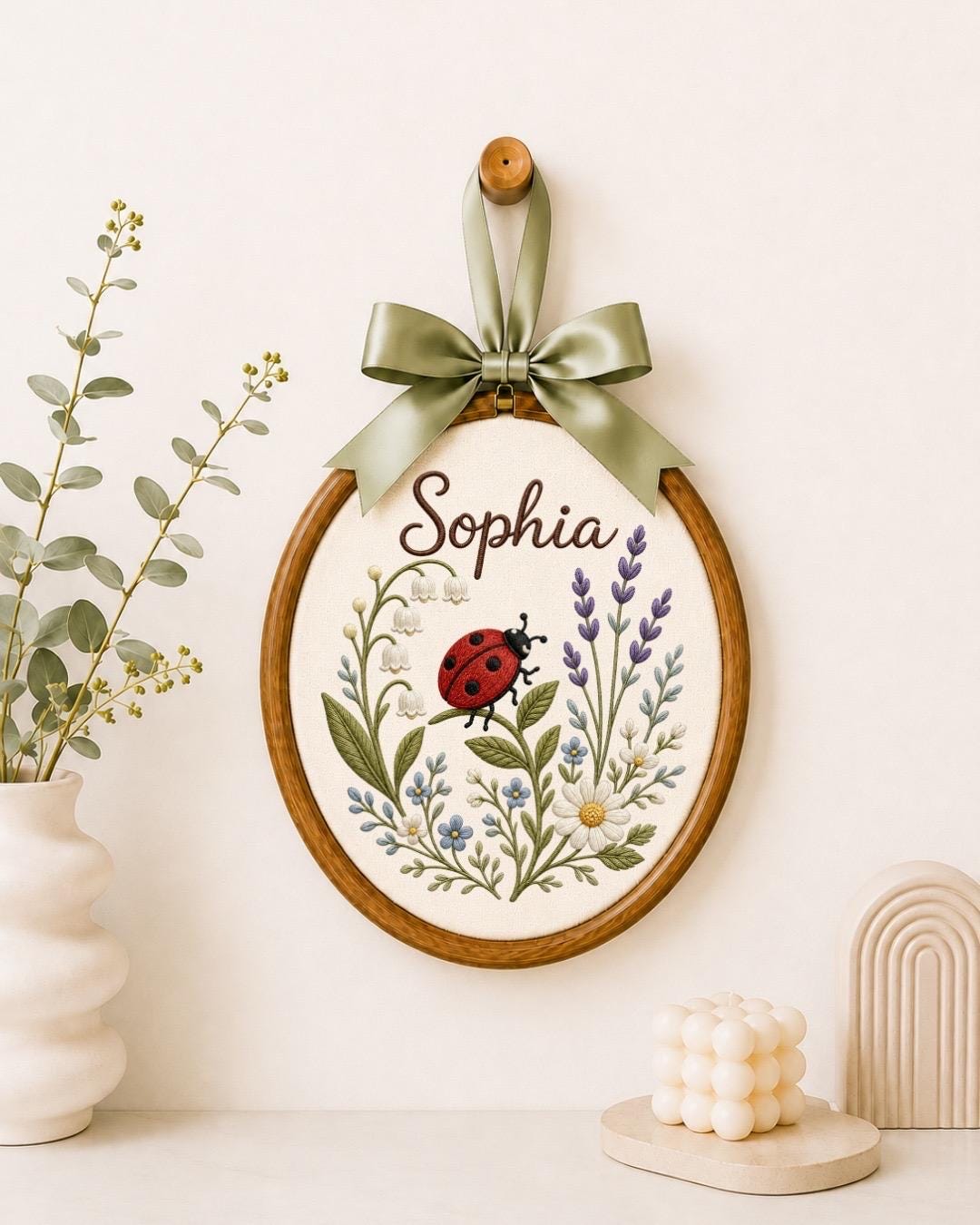 Personalized Ladybug Floral Embroidered Ornament, Custom Baby Name Hoop, Wildflower Nursery Decor, Baby Girl Gift, Newborn Keepsake