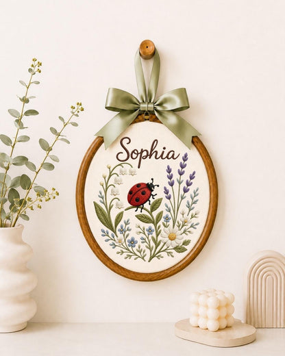 Personalized Ladybug Floral Embroidered Ornament, Custom Baby Name Hoop, Wildflower Nursery Decor, Baby Girl Gift, Newborn Keepsake