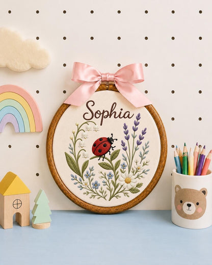Personalized Ladybug Floral Embroidered Ornament, Custom Baby Name Hoop, Wildflower Nursery Decor, Baby Girl Gift, Newborn Keepsake