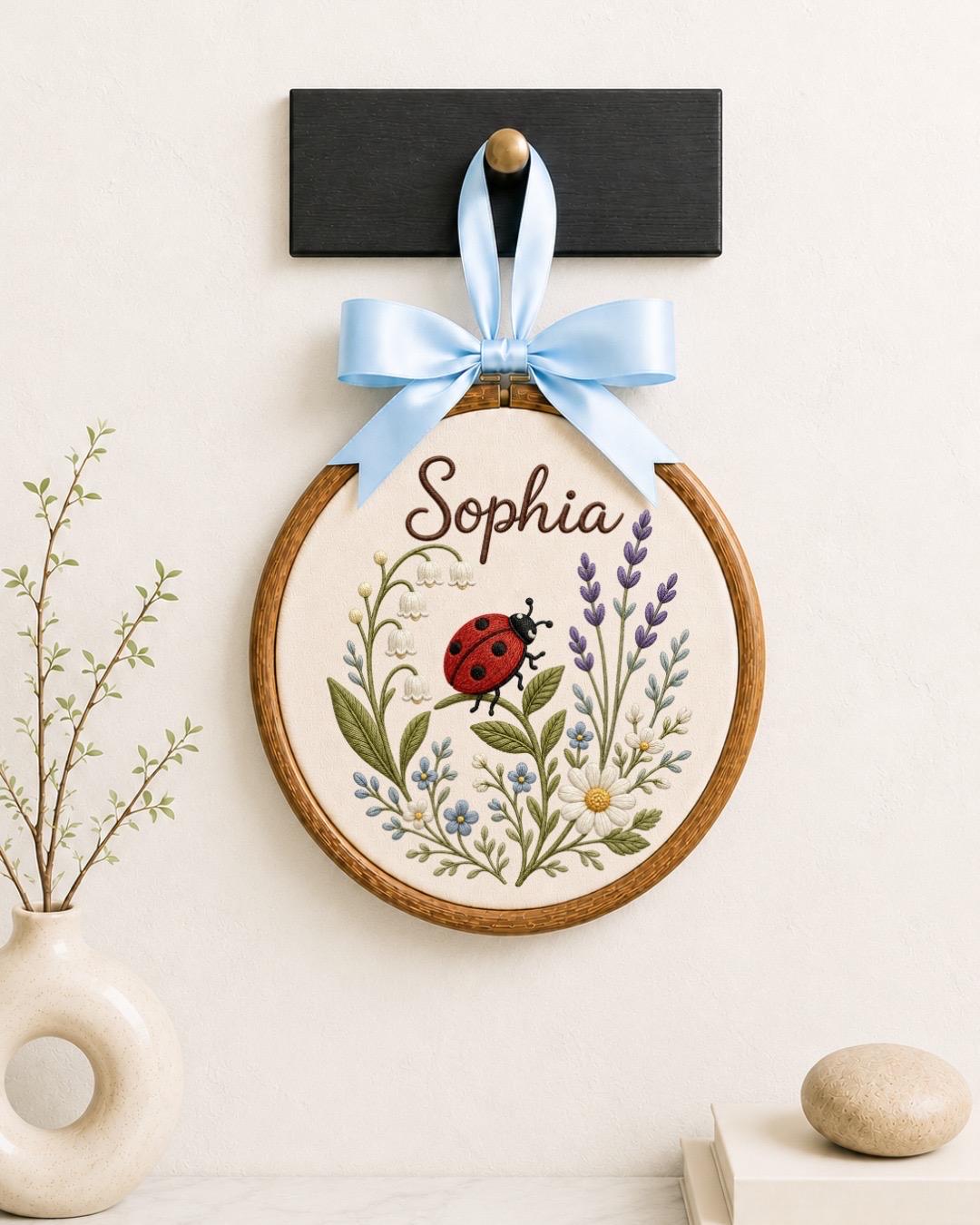 Personalized Ladybug Floral Embroidered Ornament, Custom Baby Name Hoop, Wildflower Nursery Decor, Baby Girl Gift, Newborn Keepsake
