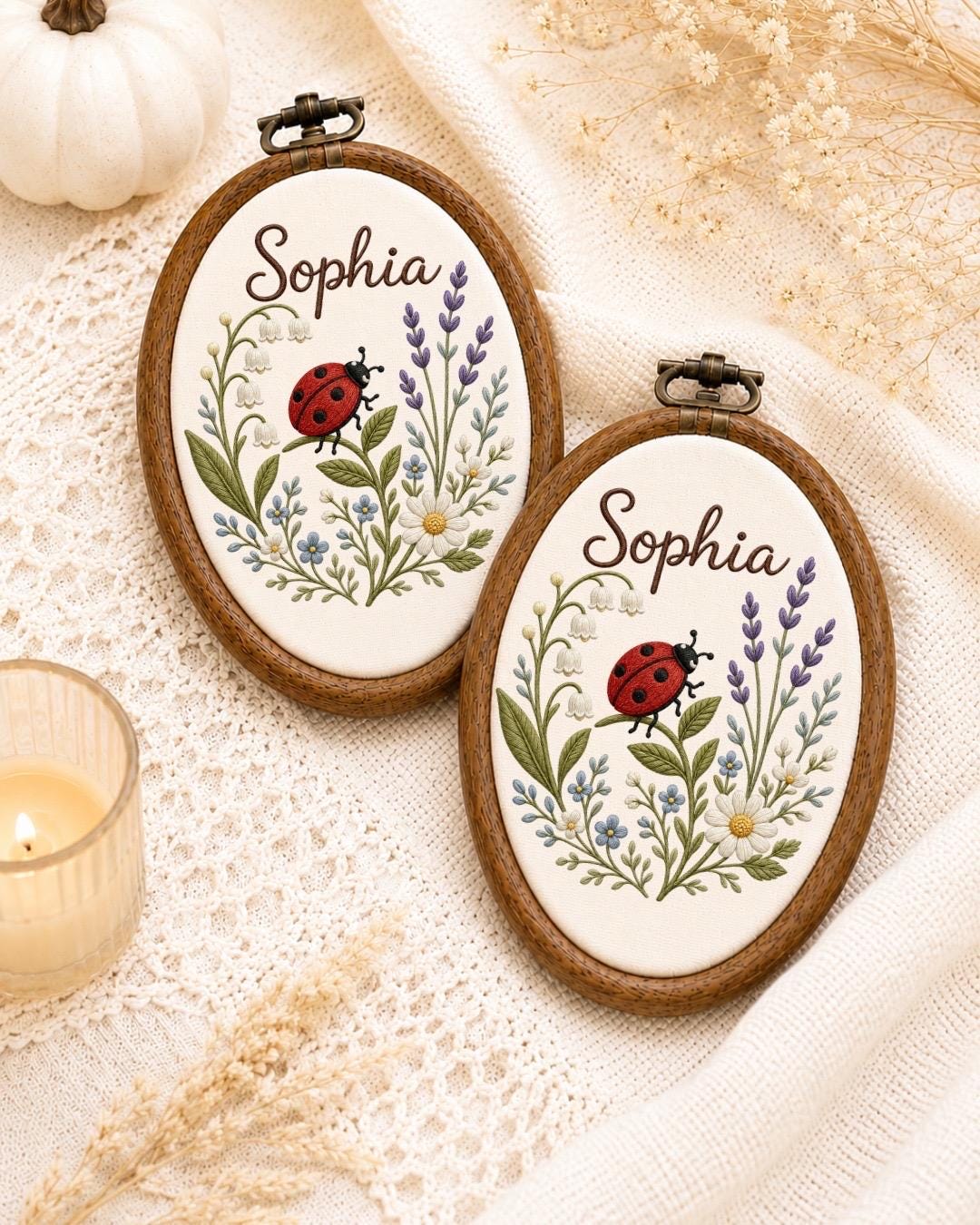 Personalized Ladybug Floral Embroidered Ornament, Custom Baby Name Hoop, Wildflower Nursery Decor, Baby Girl Gift, Newborn Keepsake