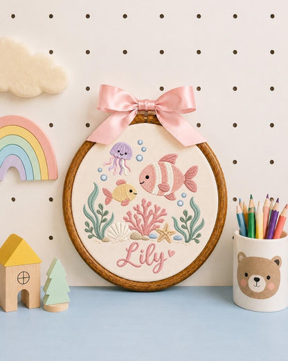 Personalized Ocean Baby Embroidered Ornament, Custom Baby Name Hoop, Under the Sea Nursery Decor, Sea Life Baby Gift, Newborn Keepsake
