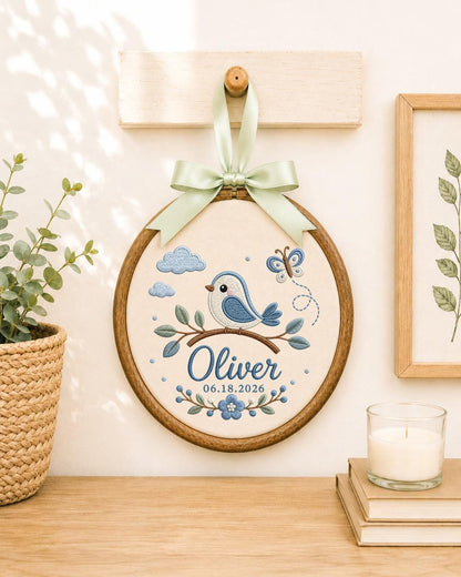 Personalized Blue Bird Embroidered Ornament, Custom Baby Name Hoop, Butterfly Floral Nursery Decor, Newborn Keepsake, Baby Boy Gift
