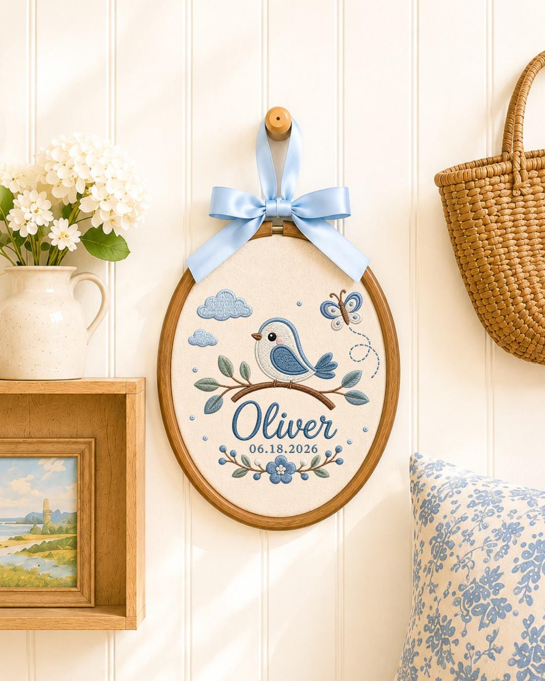 Personalized Blue Bird Embroidered Ornament, Custom Baby Name Hoop, Butterfly Floral Nursery Decor, Newborn Keepsake, Baby Boy Gift