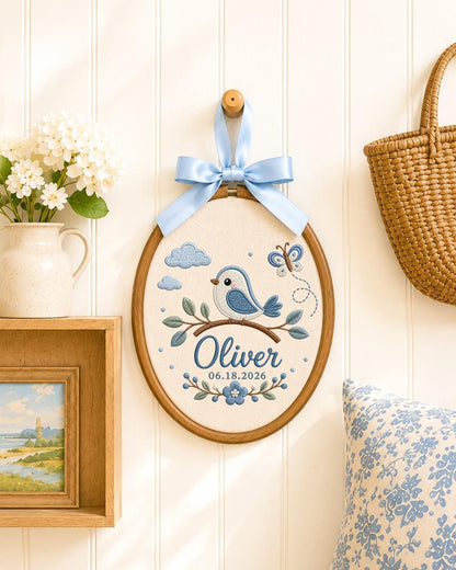 Personalized Blue Bird Embroidered Ornament, Custom Baby Name Hoop, Butterfly Floral Nursery Decor, Newborn Keepsake, Baby Boy Gift