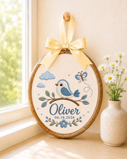 Personalized Blue Bird Embroidered Ornament, Custom Baby Name Hoop, Butterfly Floral Nursery Decor, Newborn Keepsake, Baby Boy Gift