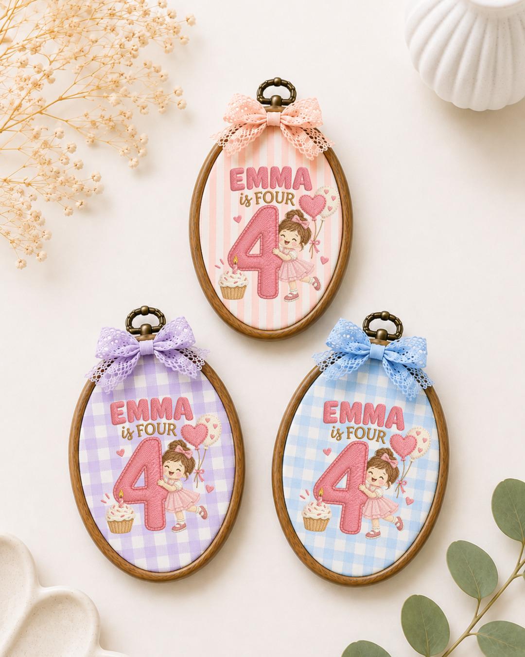 Personalized 4th Birthday Embroidered Ornament, Custom Girl Name Hoop, Fourth Birthday Gift, Pink Birthday Keepsake, Kids Room Decor