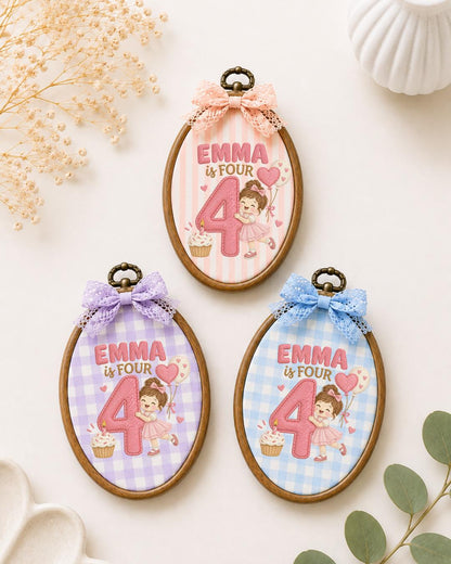 Personalized 4th Birthday Embroidered Ornament, Custom Girl Name Hoop, Fourth Birthday Gift, Pink Birthday Keepsake, Kids Room Decor