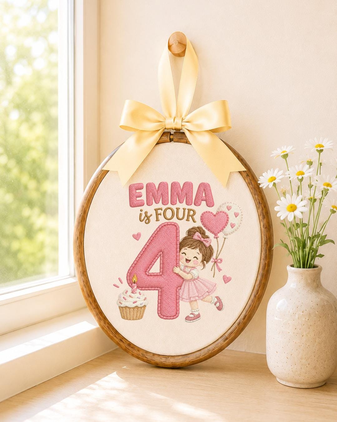 Personalized 4th Birthday Embroidered Ornament, Custom Girl Name Hoop, Fourth Birthday Gift, Pink Birthday Keepsake, Kids Room Decor