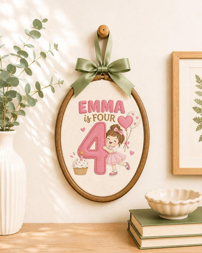 Personalized 4th Birthday Embroidered Ornament, Custom Girl Name Hoop, Fourth Birthday Gift, Pink Birthday Keepsake, Kids Room Decor