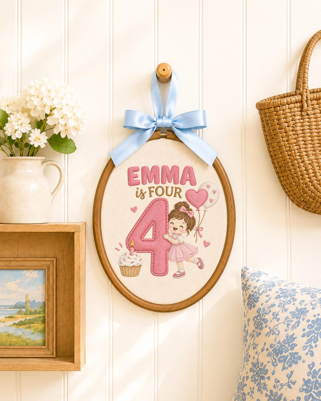 Personalized 4th Birthday Embroidered Ornament, Custom Girl Name Hoop, Fourth Birthday Gift, Pink Birthday Keepsake, Kids Room Decor