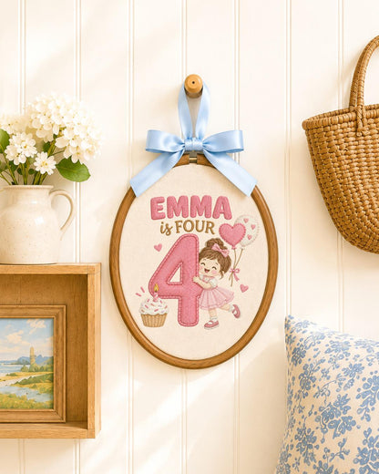 Personalized 4th Birthday Embroidered Ornament, Custom Girl Name Hoop, Fourth Birthday Gift, Pink Birthday Keepsake, Kids Room Decor