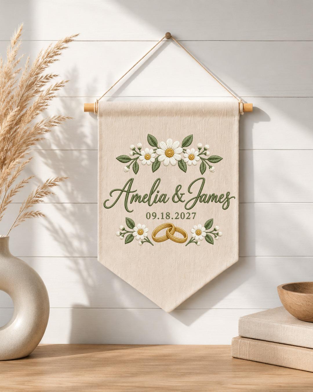 Personalized Wedding Wall Hanging, Custom Couple Names Embroidered Banner, Daisy Wedding Decor, Wedding Date Keepsake, Anniversary Gift