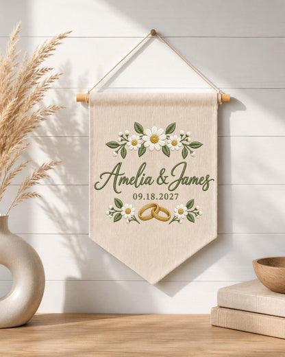 Personalized Wedding Wall Hanging, Custom Couple Names Embroidered Banner, Daisy Wedding Decor, Wedding Date Keepsake, Anniversary Gift