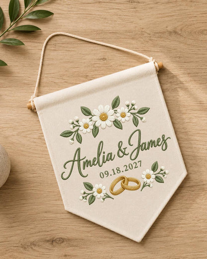 Personalized Wedding Wall Hanging, Custom Couple Names Embroidered Banner, Daisy Wedding Decor, Wedding Date Keepsake, Anniversary Gift