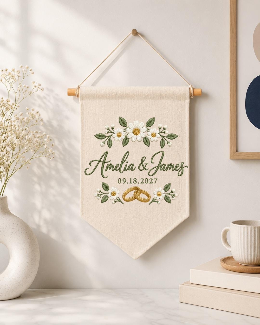 Personalized Wedding Wall Hanging, Custom Couple Names Embroidered Banner, Daisy Wedding Decor, Wedding Date Keepsake, Anniversary Gift
