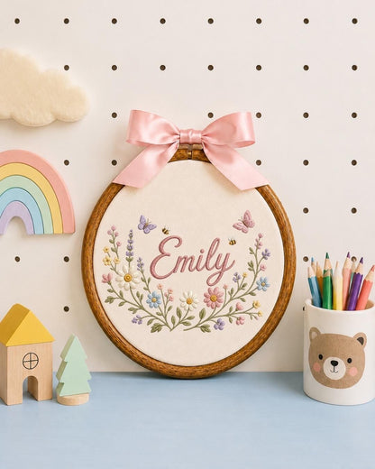 Personalized Wildflower Embroidered Ornament, Custom Baby Name Floral Hoop, Butterfly Nursery Decor, Baby Girl Gift, Newborn Keepsake