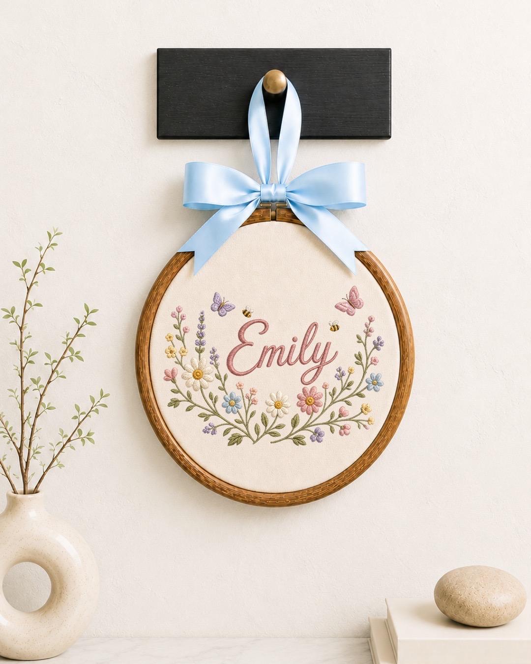 Personalized Wildflower Embroidered Ornament, Custom Baby Name Floral Hoop, Butterfly Nursery Decor, Baby Girl Gift, Newborn Keepsake