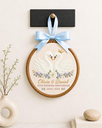 Personalized Swan Anniversary Embroidered Ornament, 10th Wedding Anniversary Gift, Custom Couple Name Hoop, Romantic Wedding Keepsake