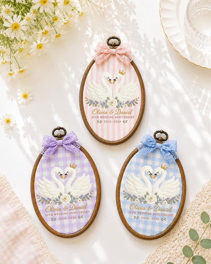 Personalized Swan Anniversary Embroidered Ornament, 10th Wedding Anniversary Gift, Custom Couple Name Hoop, Romantic Wedding Keepsake