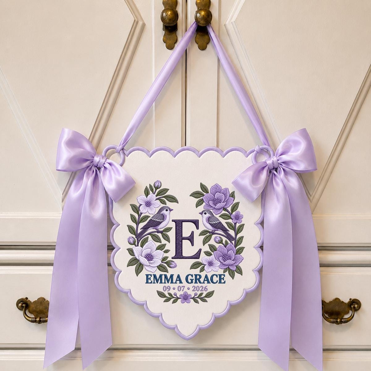 Personalized Monogram Scalloped Banner, Custom Name Emma Grace Initial E Embroidered Lavender Bows Bird Nursery Wall Sign Decor
