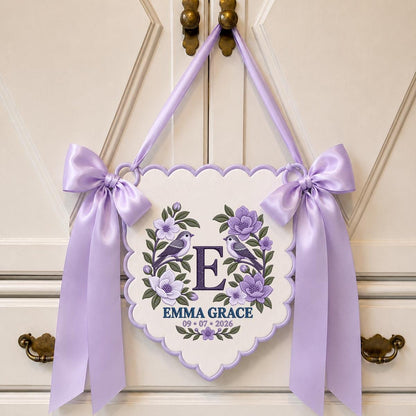 Personalized Monogram Scalloped Banner, Custom Name Emma Grace Initial E Embroidered Lavender Bows Bird Nursery Wall Sign Decor