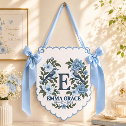Personalized Monogram Scalloped Banner, Custom Name Emma Grace Initial E Embroidered Lavender Bows Bird Nursery Wall Sign Decor